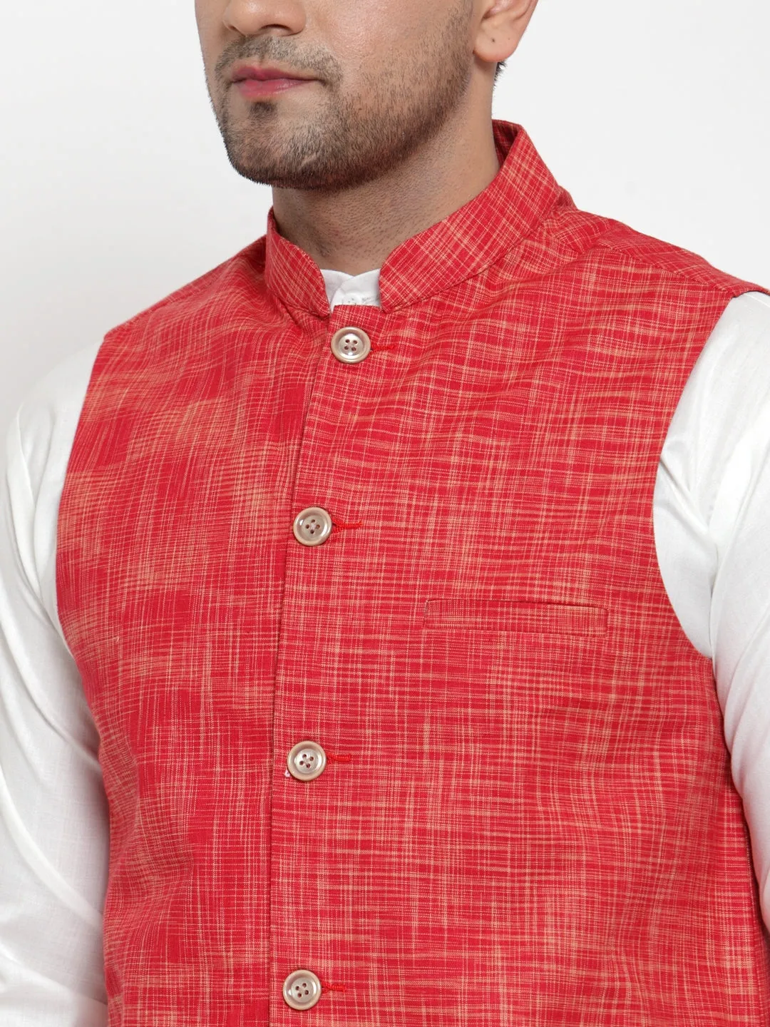 Jashvi Men's White Solid Kurta with Pyjamas & Red Nehru Jacket