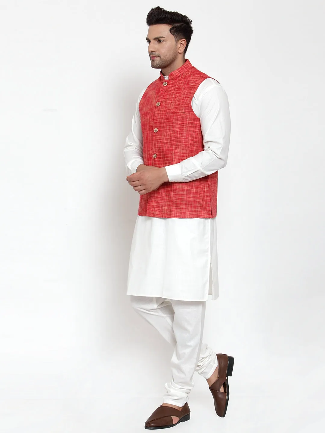 Jashvi Men's White Solid Kurta with Pyjamas & Red Nehru Jacket