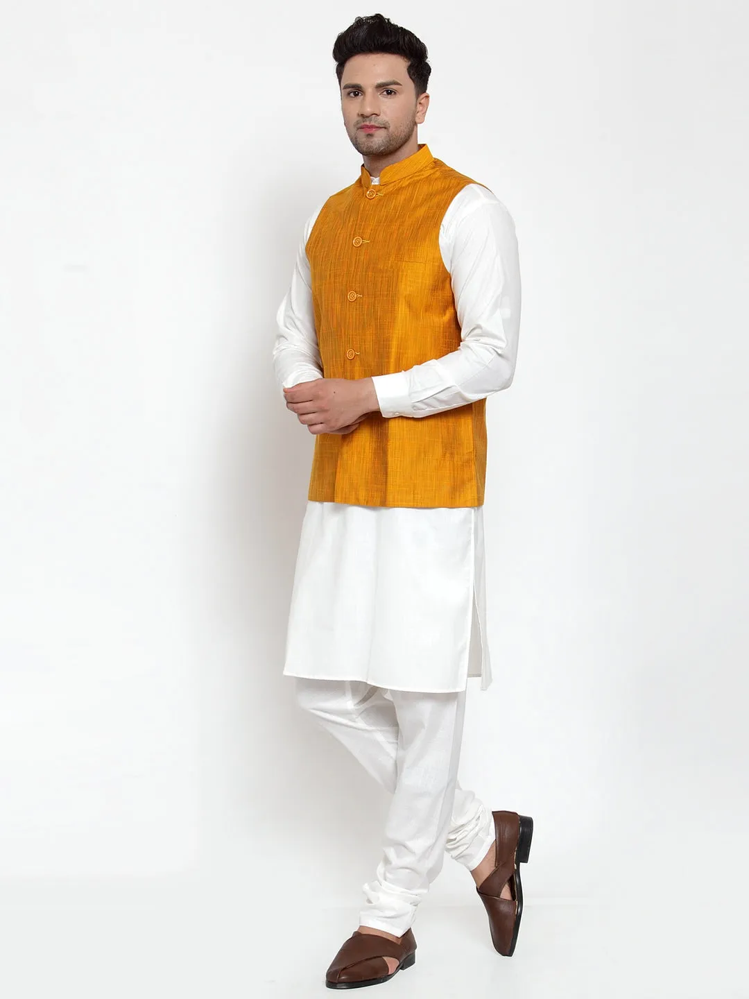 Jashvi Men's White Solid Kurta with Pyjamas & Yellow Nehru Jacket