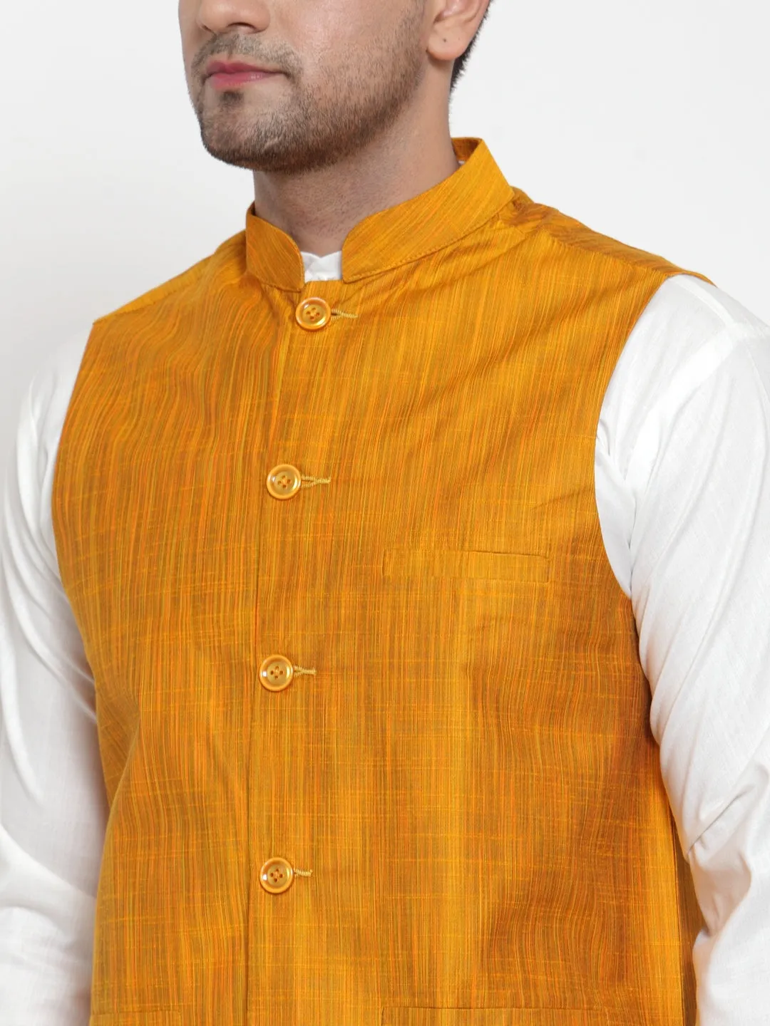 Jashvi Men's White Solid Kurta with Pyjamas & Yellow Nehru Jacket