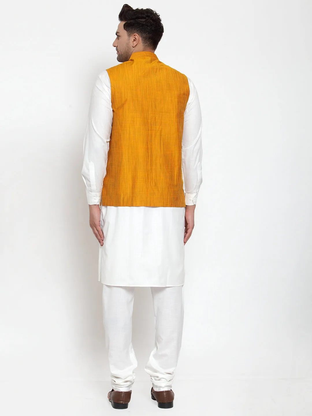 Jashvi Men's White Solid Kurta with Pyjamas & Yellow Nehru Jacket