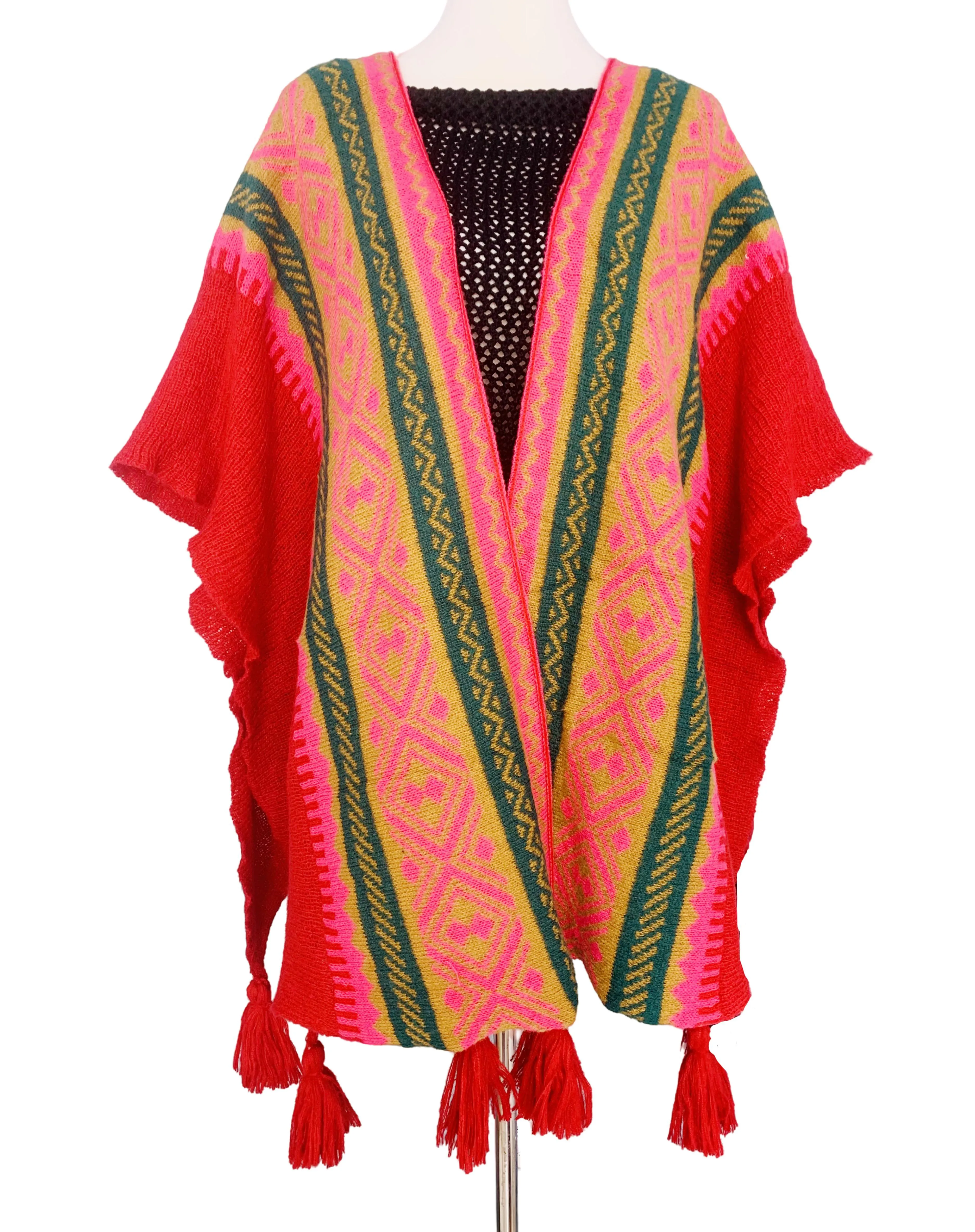 JC063336 Knitted Open Front Poncho with Traditional Ethnic Patterns