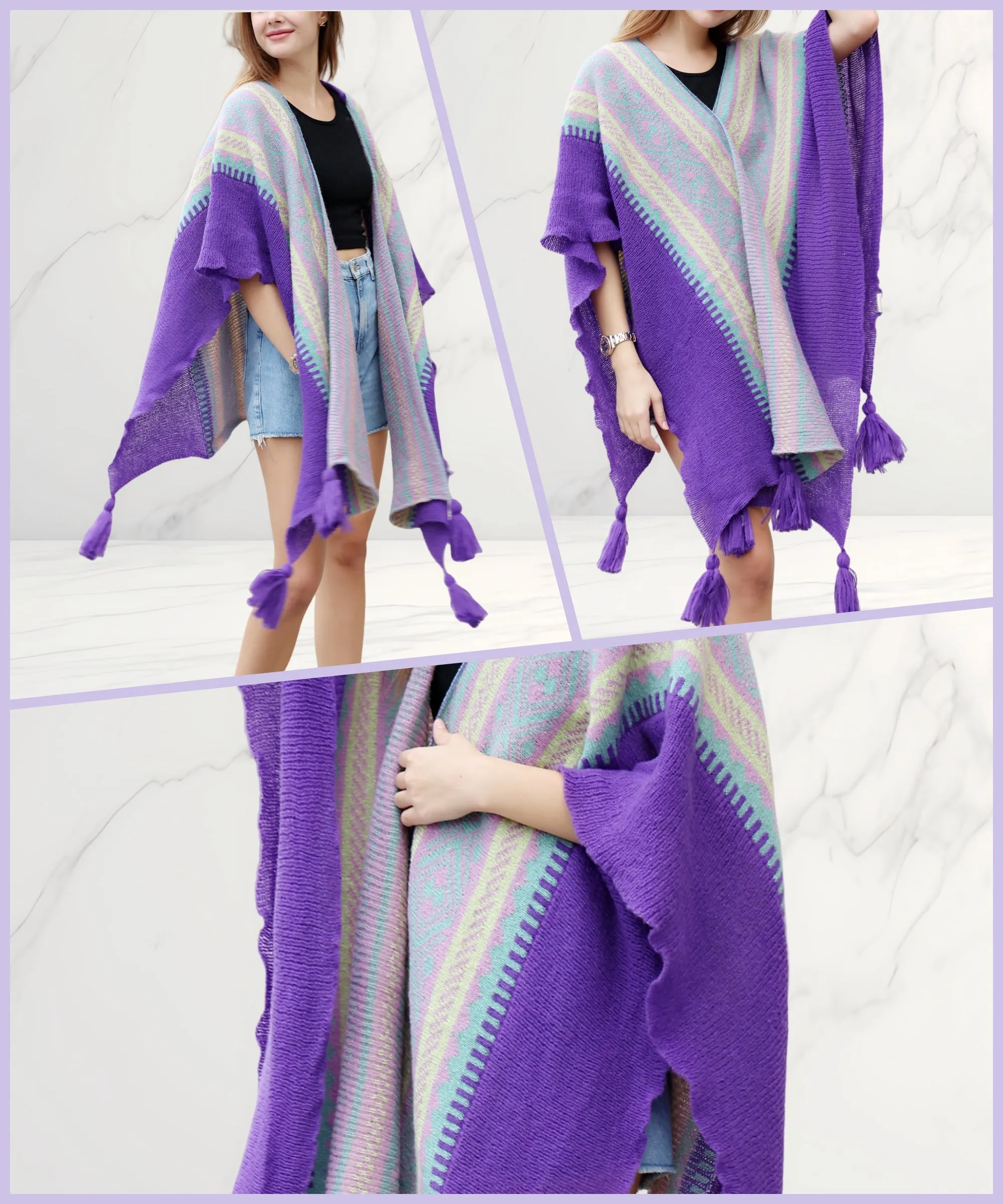 JC063336 Knitted Open Front Poncho with Traditional Ethnic Patterns