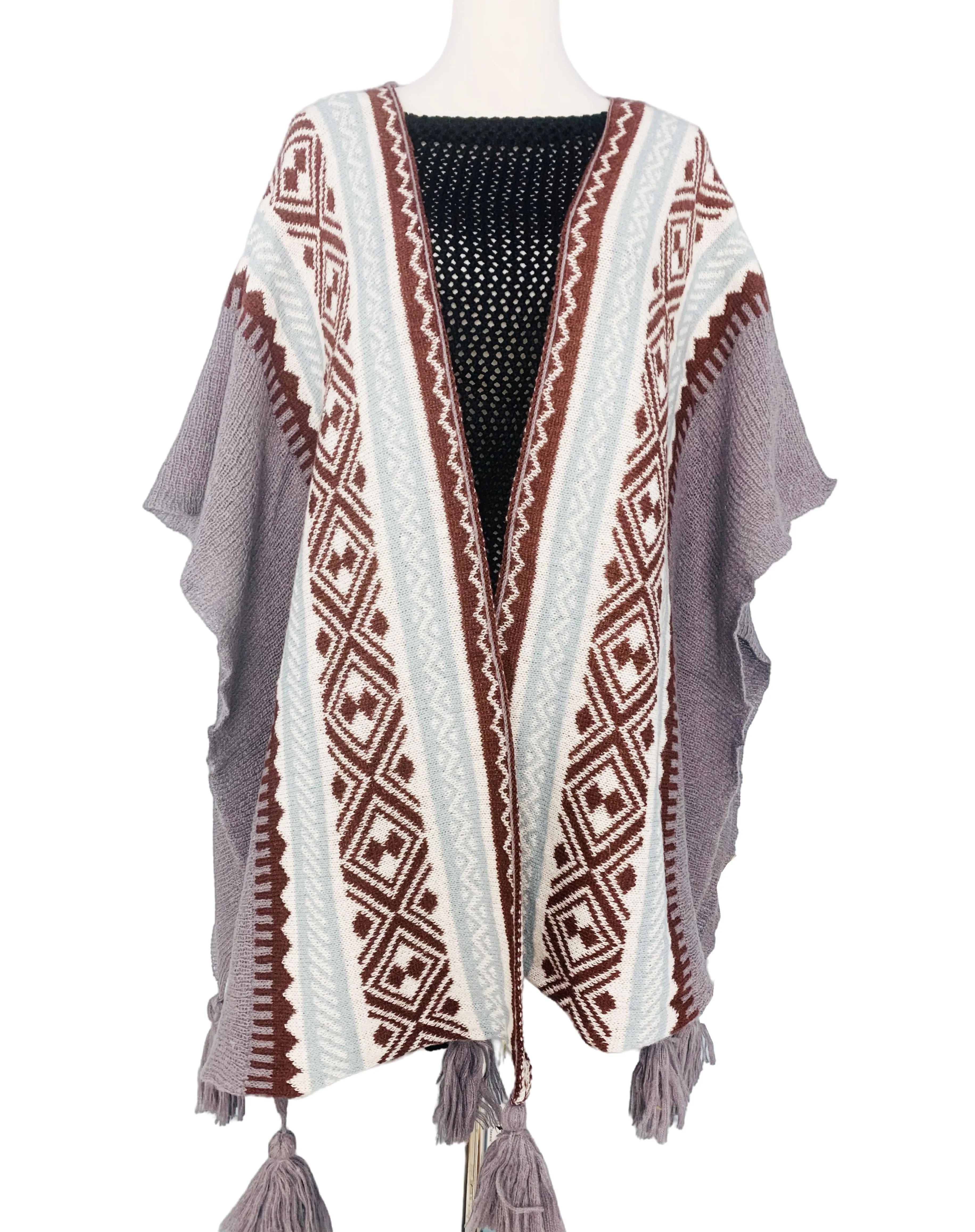 JC063336 Knitted Open Front Poncho with Traditional Ethnic Patterns