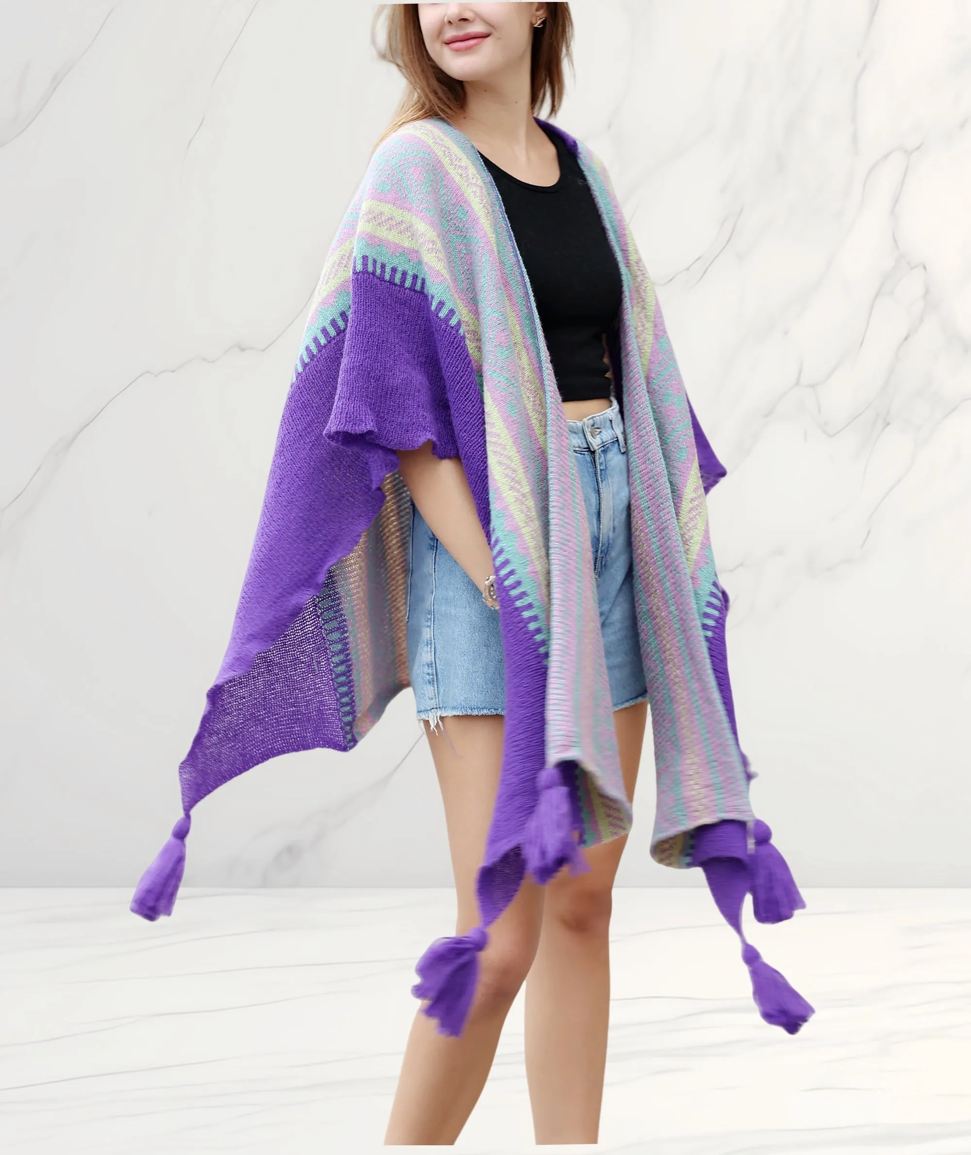 JC063336 Knitted Open Front Poncho with Traditional Ethnic Patterns