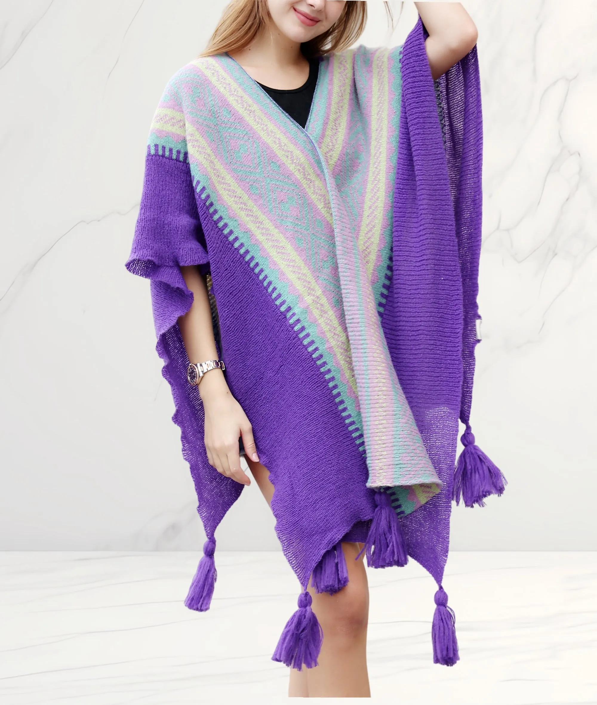 JC063336 Knitted Open Front Poncho with Traditional Ethnic Patterns