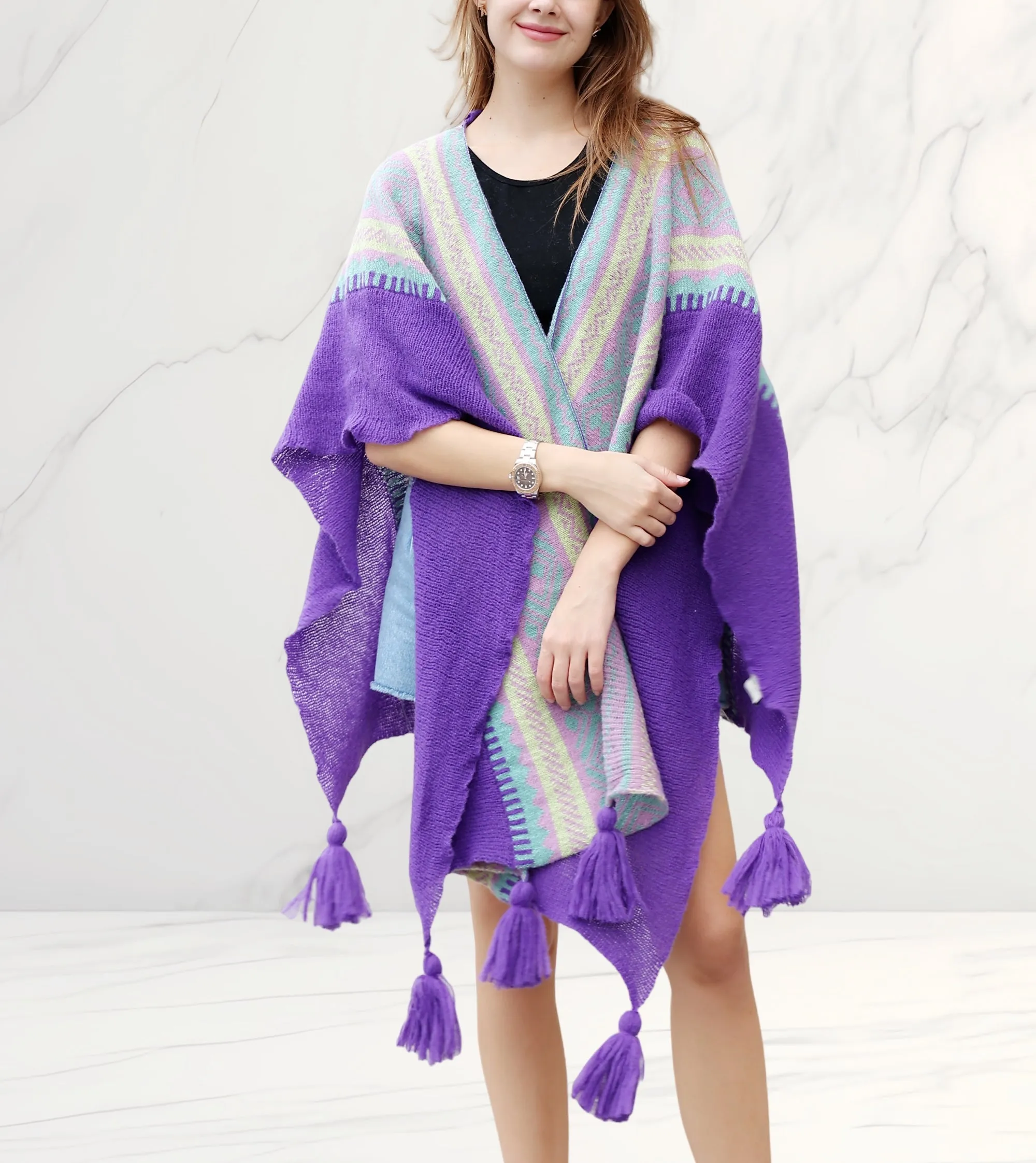 JC063336 Knitted Open Front Poncho with Traditional Ethnic Patterns