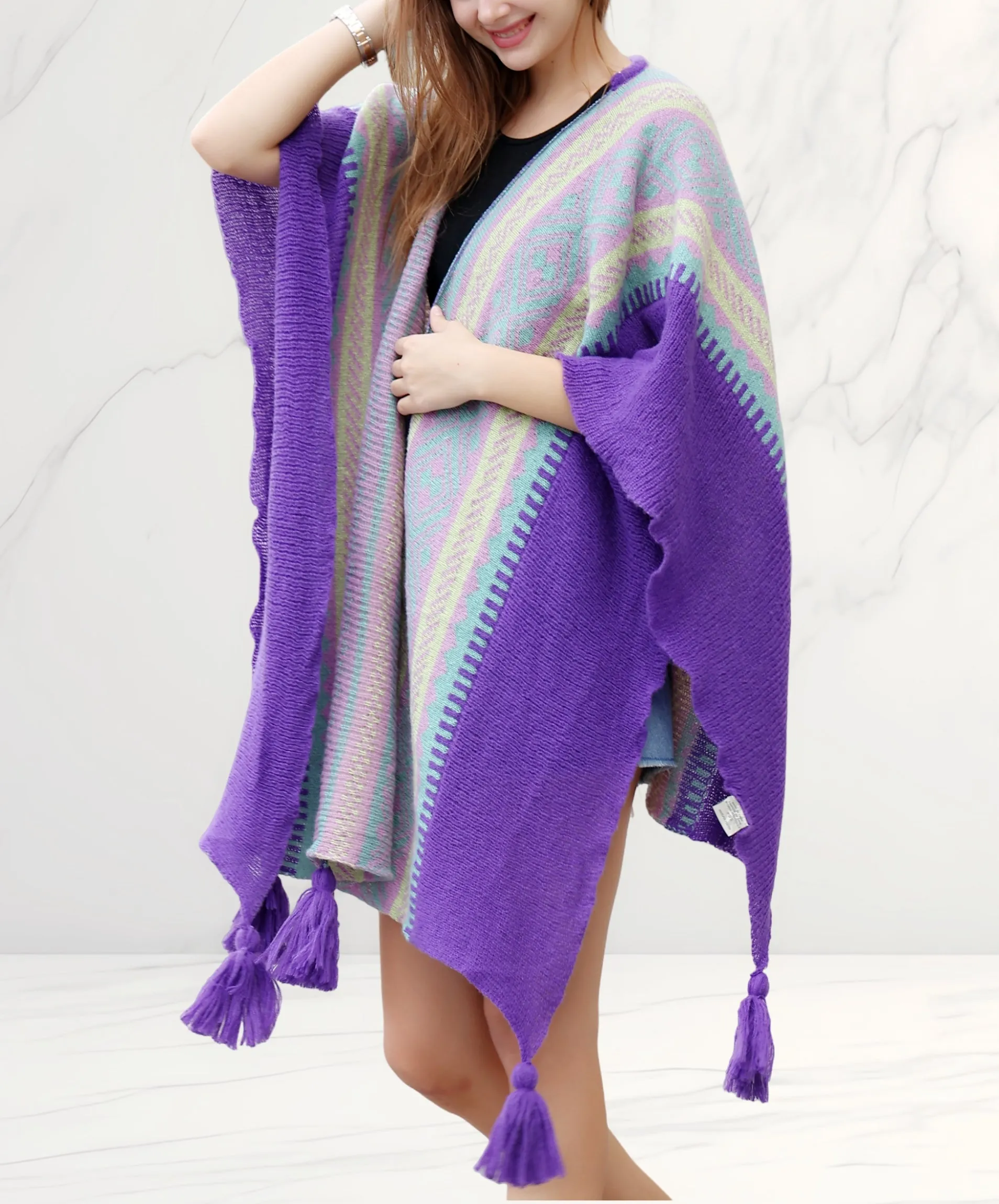 JC063336 Knitted Open Front Poncho with Traditional Ethnic Patterns