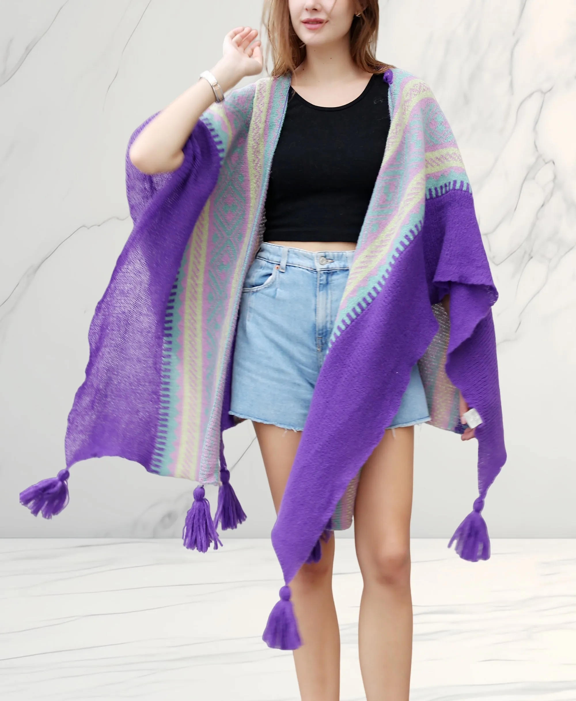 JC063336 Knitted Open Front Poncho with Traditional Ethnic Patterns