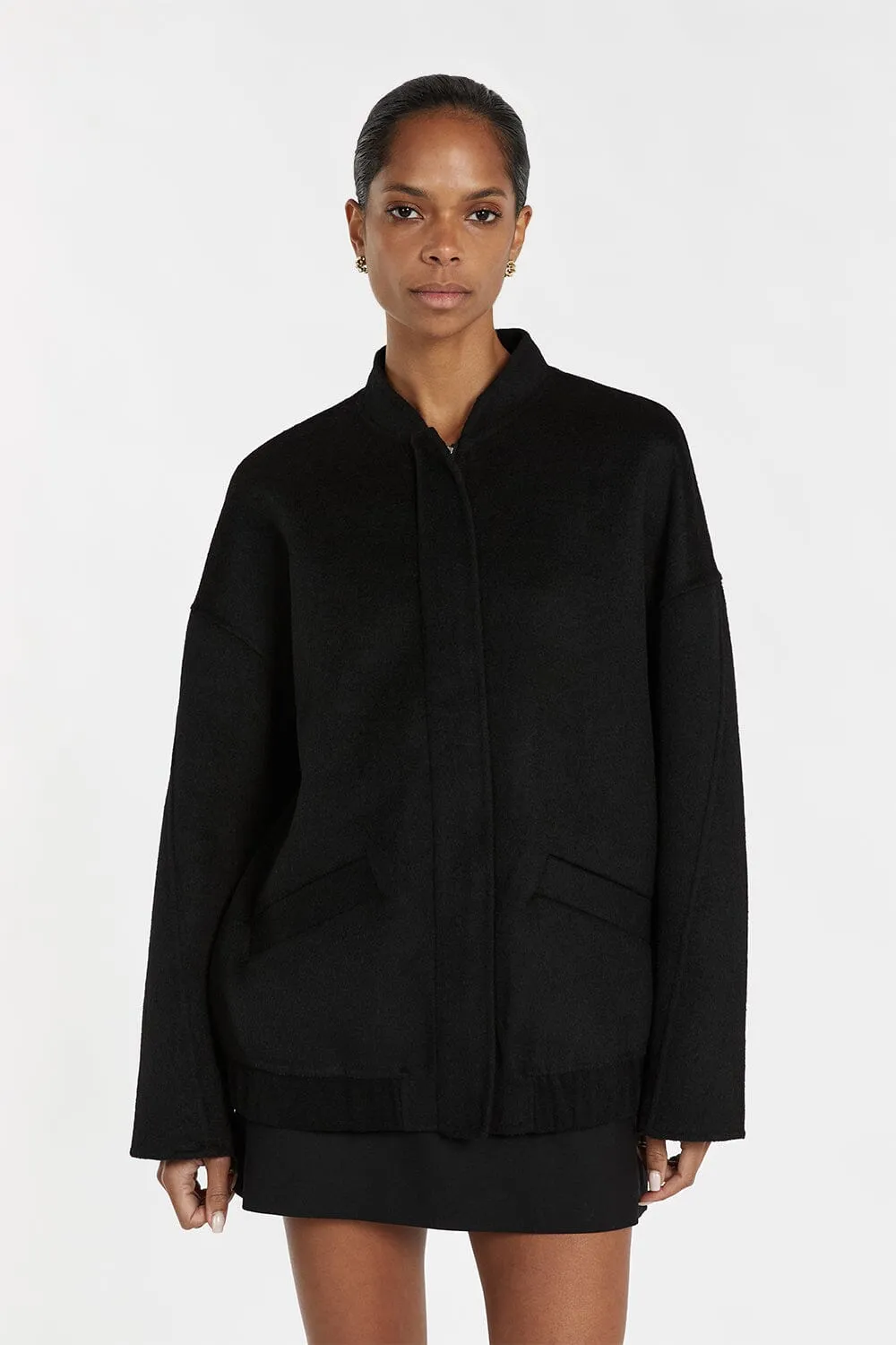 JERI BLACK WOOL BLEND BOMBER JACKET