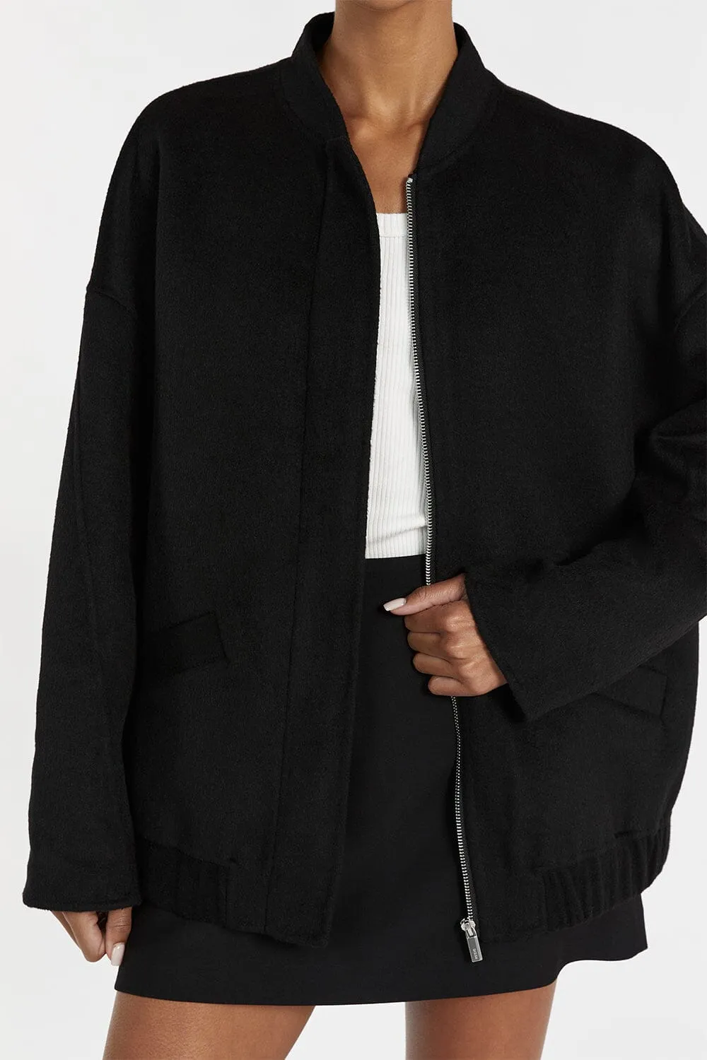 JERI BLACK WOOL BLEND BOMBER JACKET