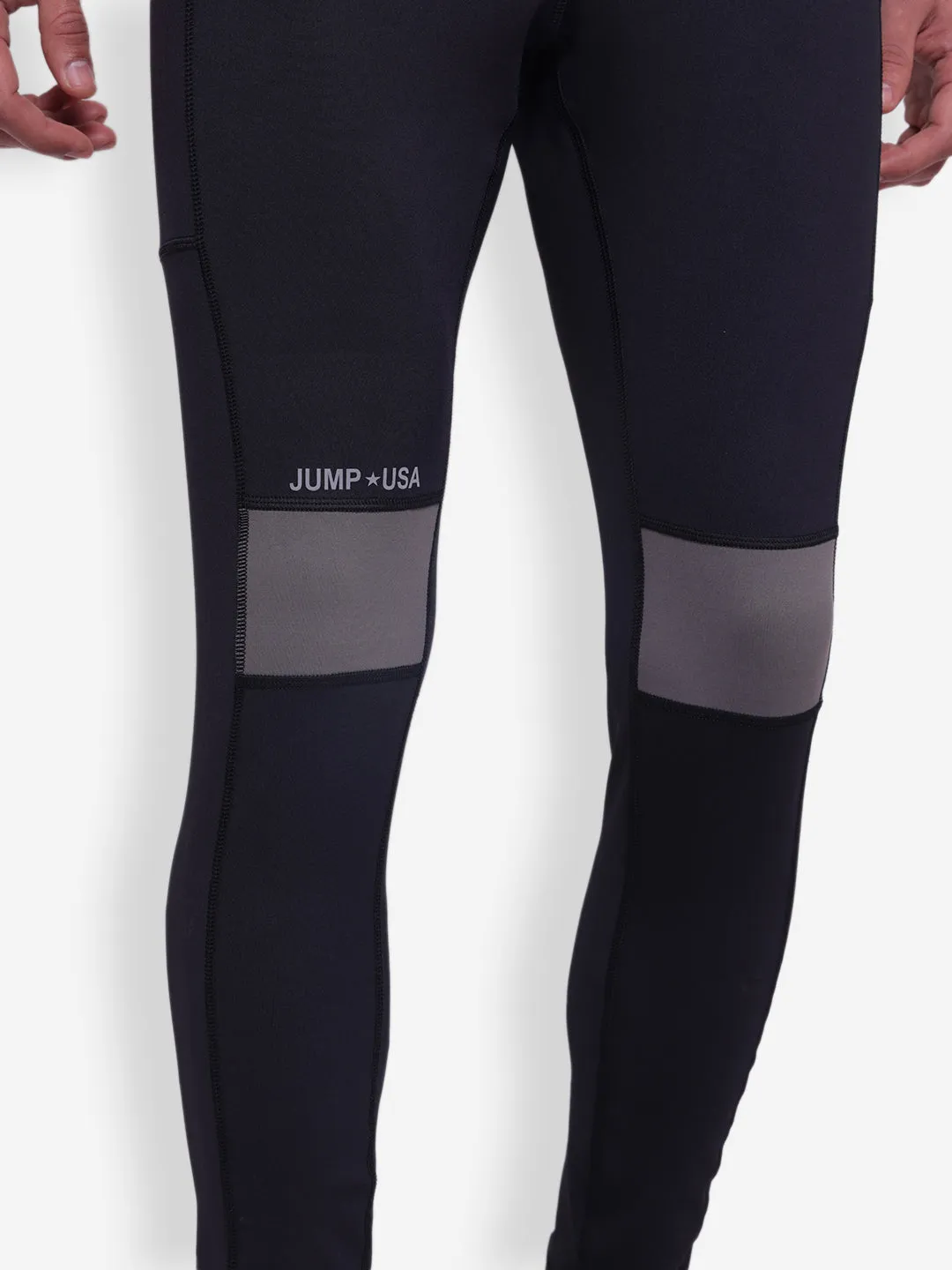 JUMP USA Men Black & Wild Grey Rapid Dry-Fit Antimicrobial Running Tights