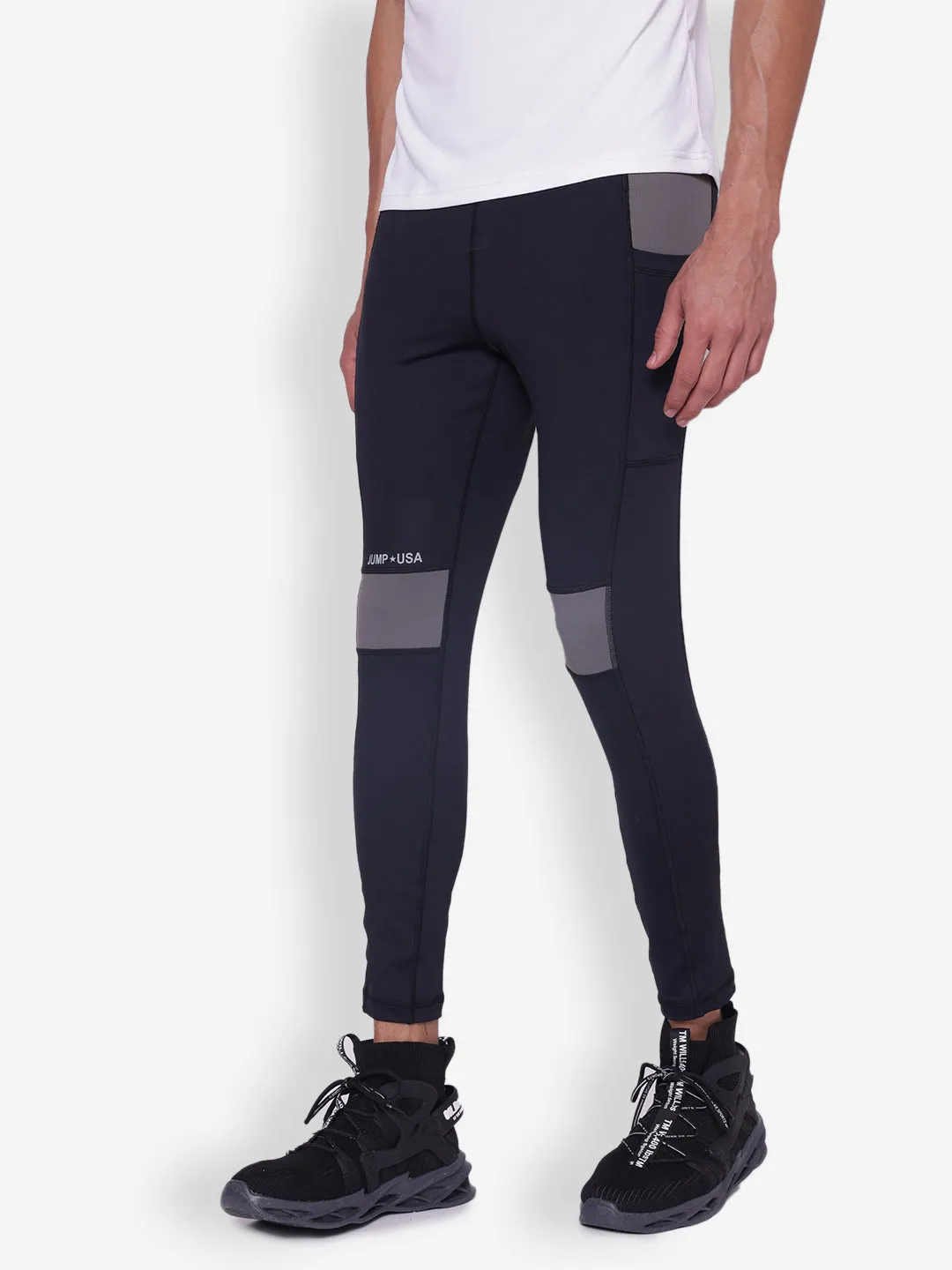 JUMP USA Men Black & Wild Grey Rapid Dry-Fit Antimicrobial Running Tights