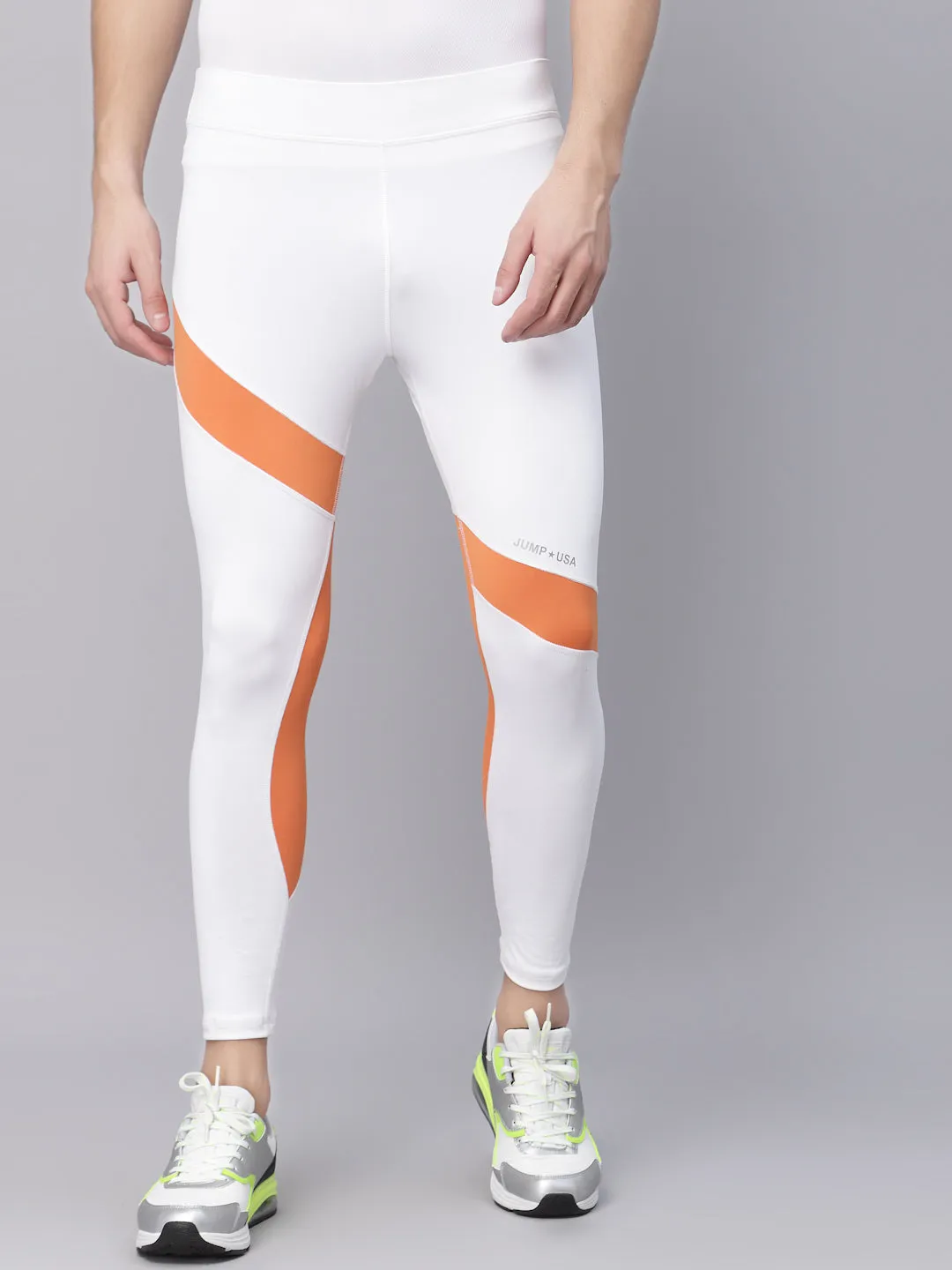 JUMP USA White-Orange Rapid-Dry Training Tights For Men