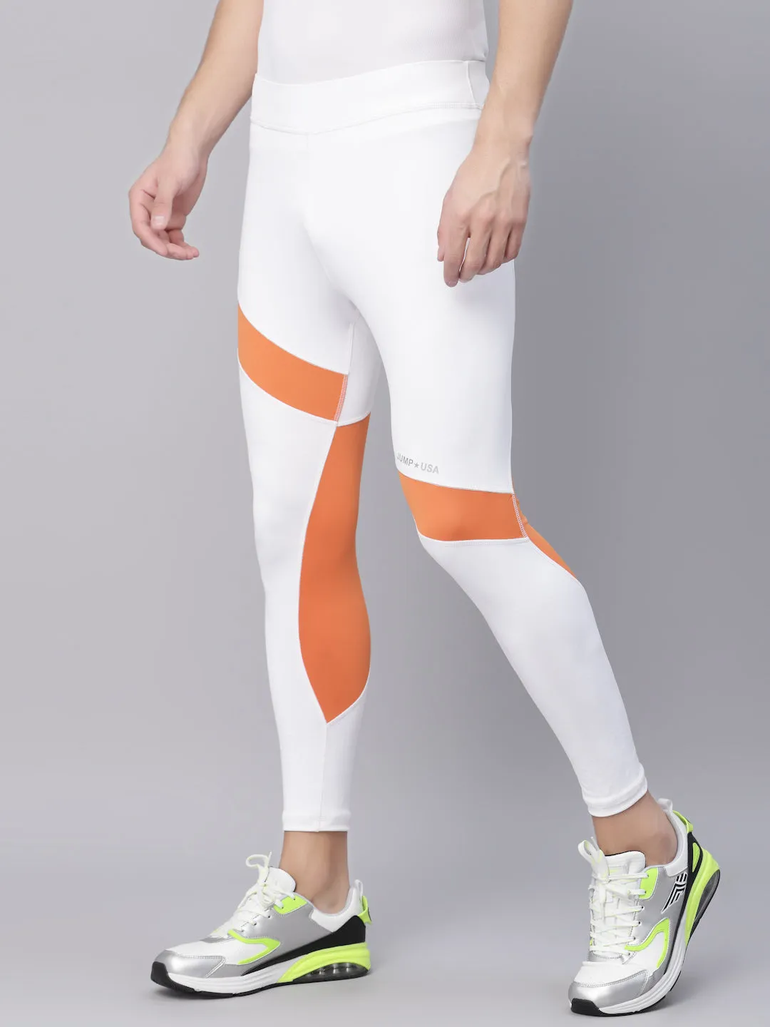 JUMP USA White-Orange Rapid-Dry Training Tights For Men