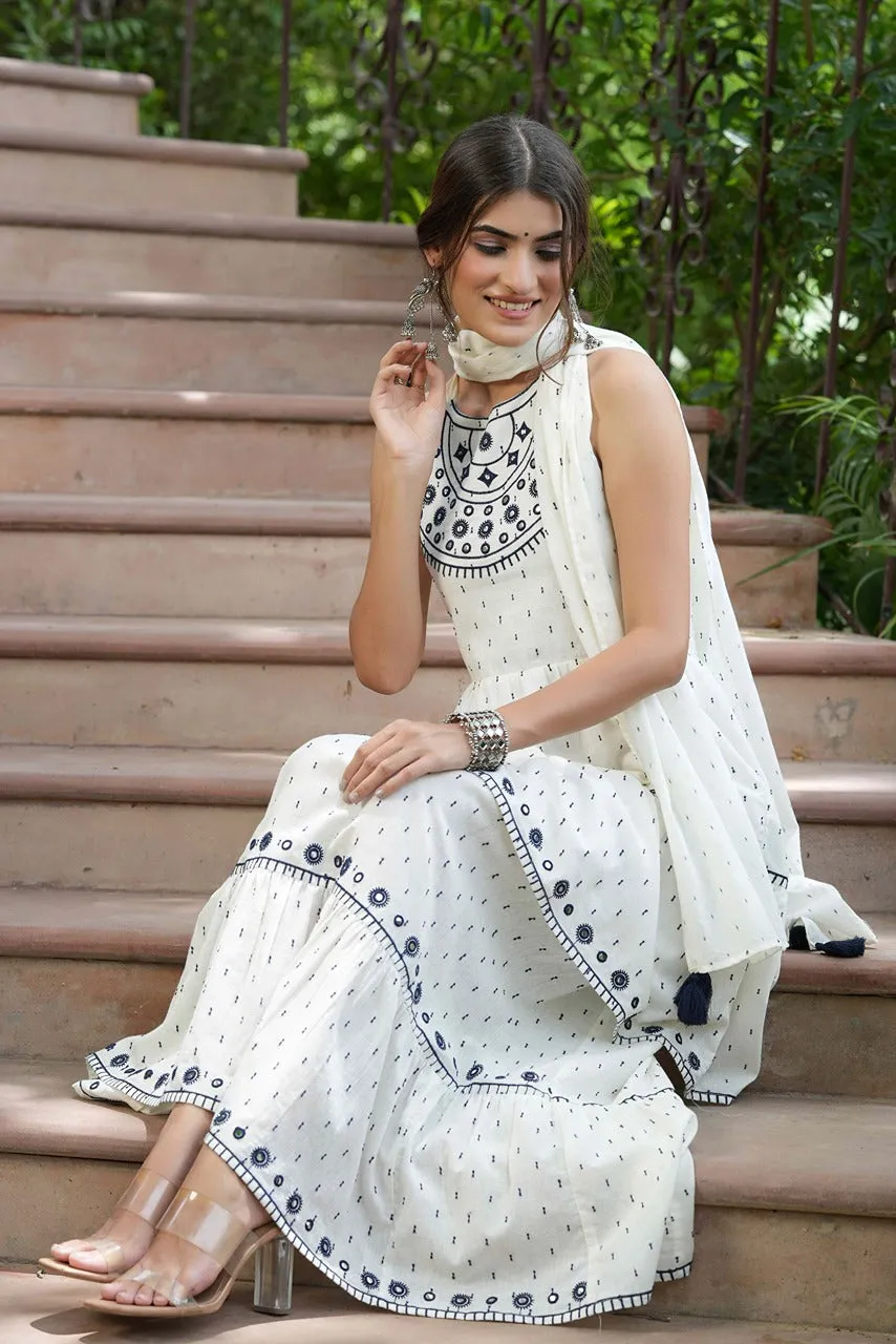 Juniper Off-White Cotton Dobby Kurta Skirt & Dupatta Set With Thread & Mirror Work Embroidery