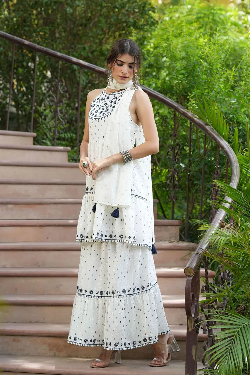 Juniper Off-White Cotton Dobby Kurta Skirt & Dupatta Set With Thread & Mirror Work Embroidery