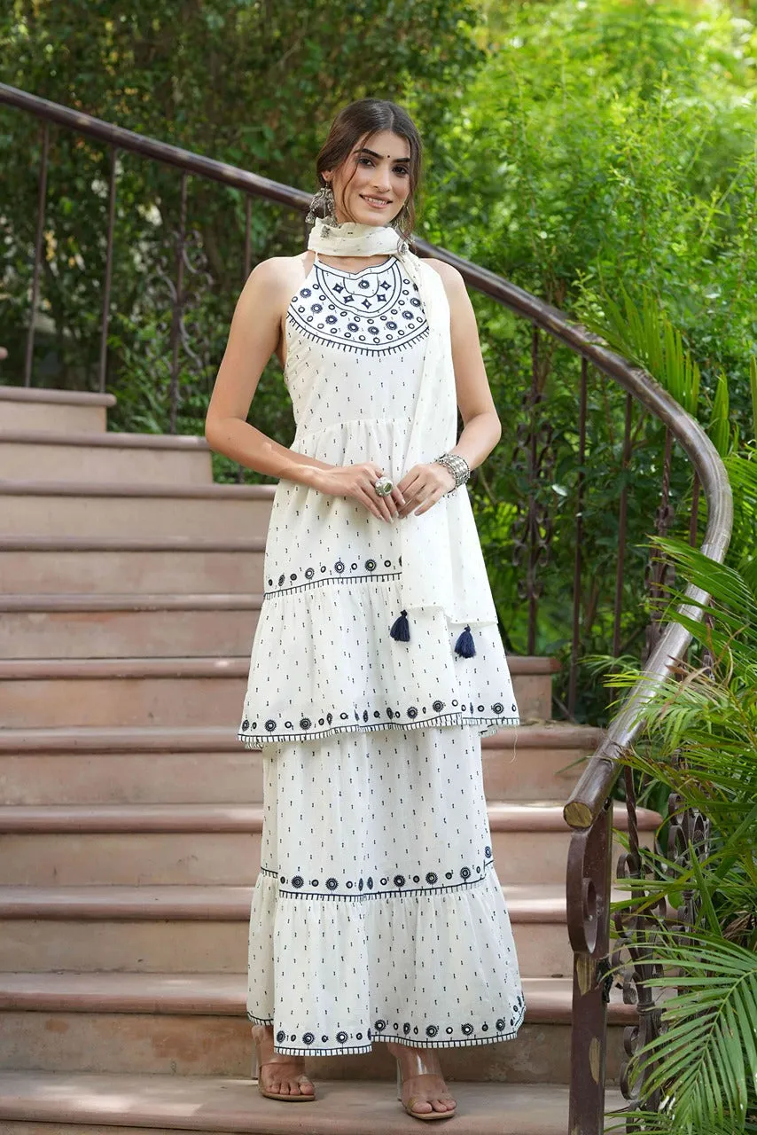 Juniper Off-White Cotton Dobby Kurta Skirt & Dupatta Set With Thread & Mirror Work Embroidery