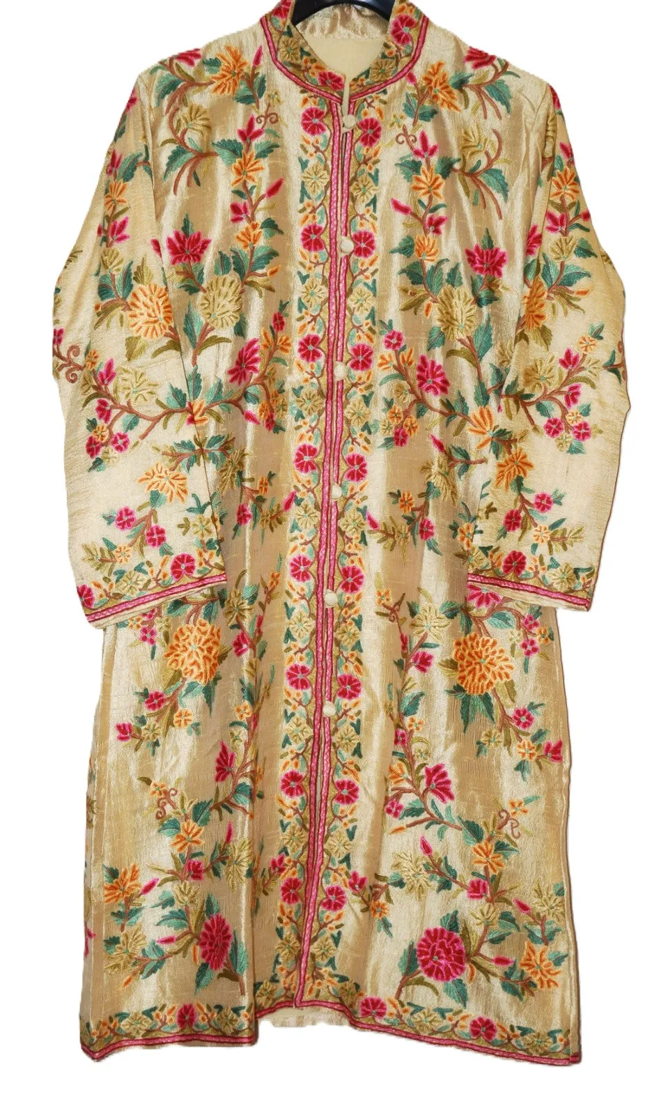 Kashmir Ethnic Silk Coat Long Jacket Gold, Multicolor Embroidery #AO-302