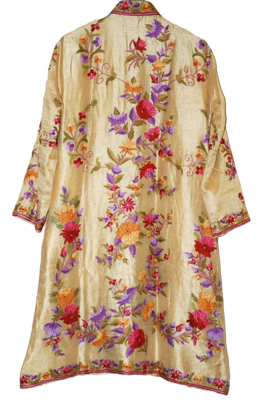 Kashmir Ethnic Silk Coat Long Jacket Gold, Multicolor Embroidery #AO-305