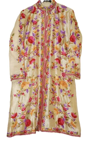 Kashmir Ethnic Silk Coat Long Jacket Gold, Multicolor Embroidery #AO-305