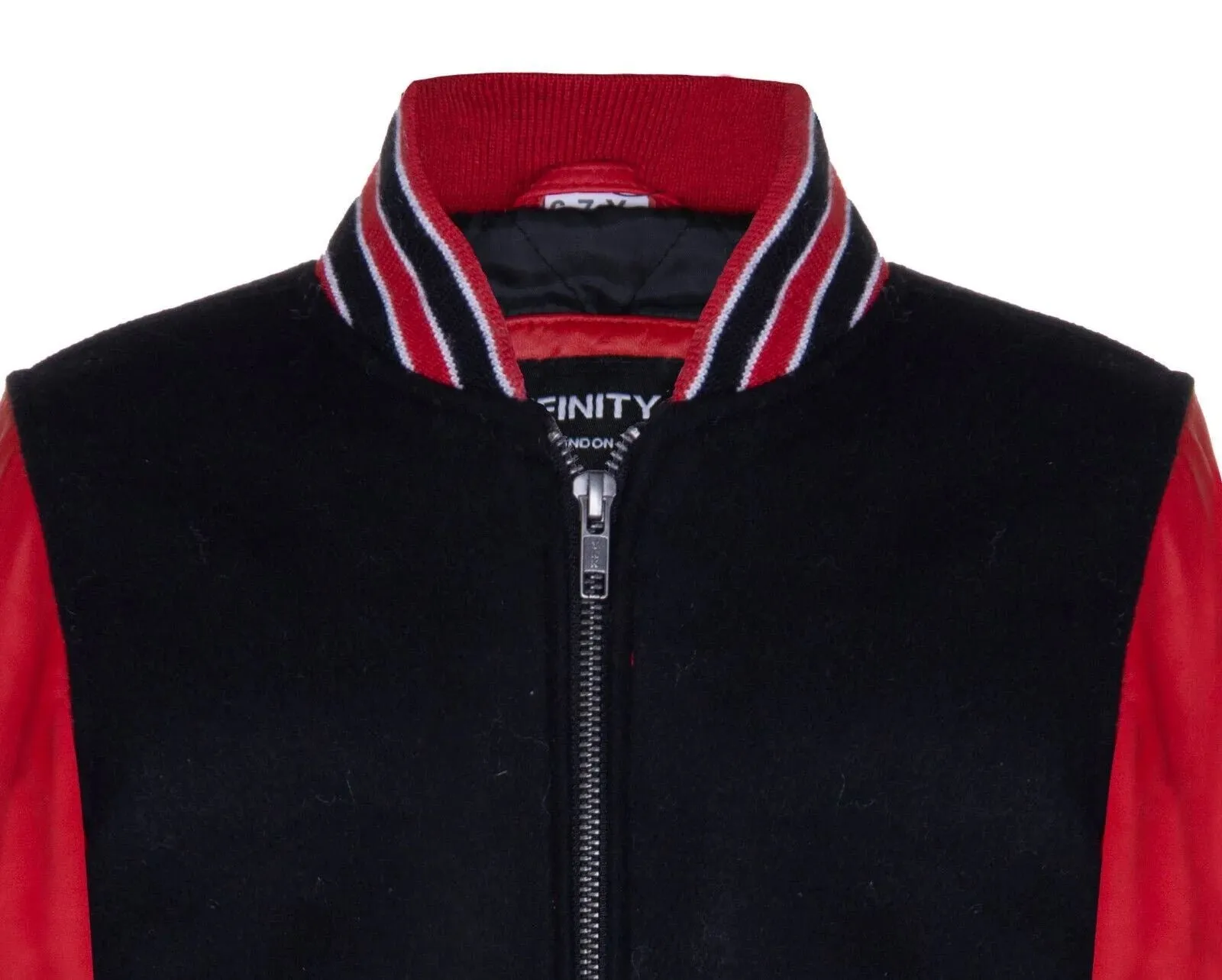 Kids Black Red Varsity Bomber Jacket Wool Body Real Leather Sleeves