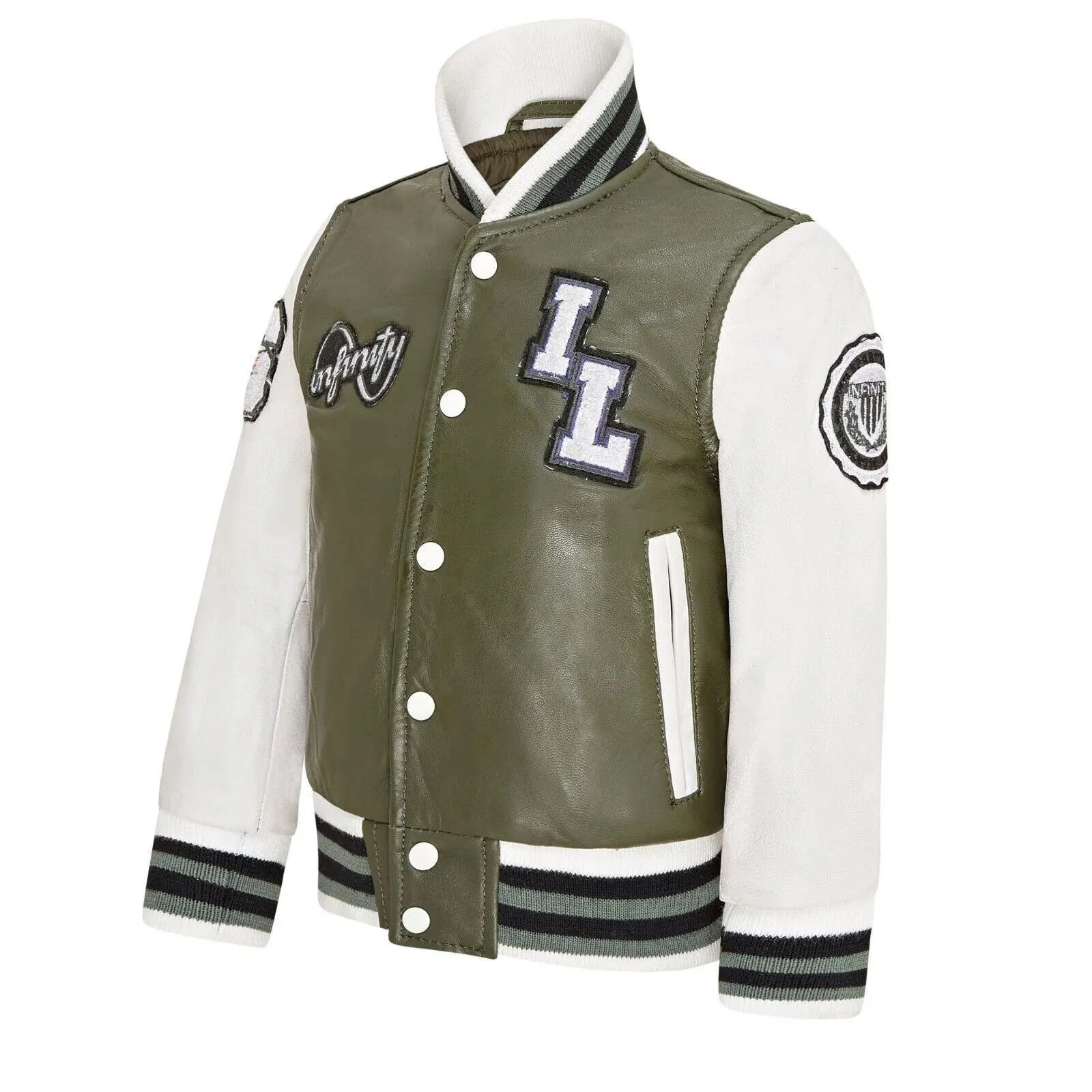 Kids Olive Green Genuine Leather Bomber Jacket Baseball Letterman Coat