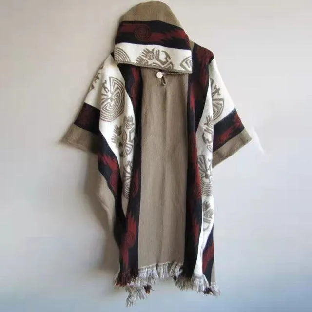 Knitted Ethnic Print Poncho