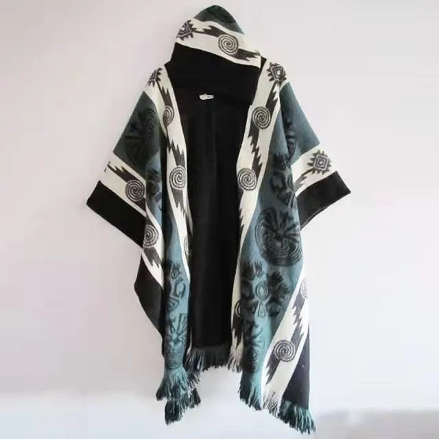 Knitted Ethnic Print Poncho