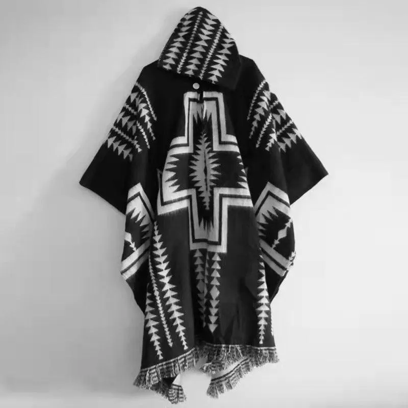 Knitted Ethnic Print Poncho