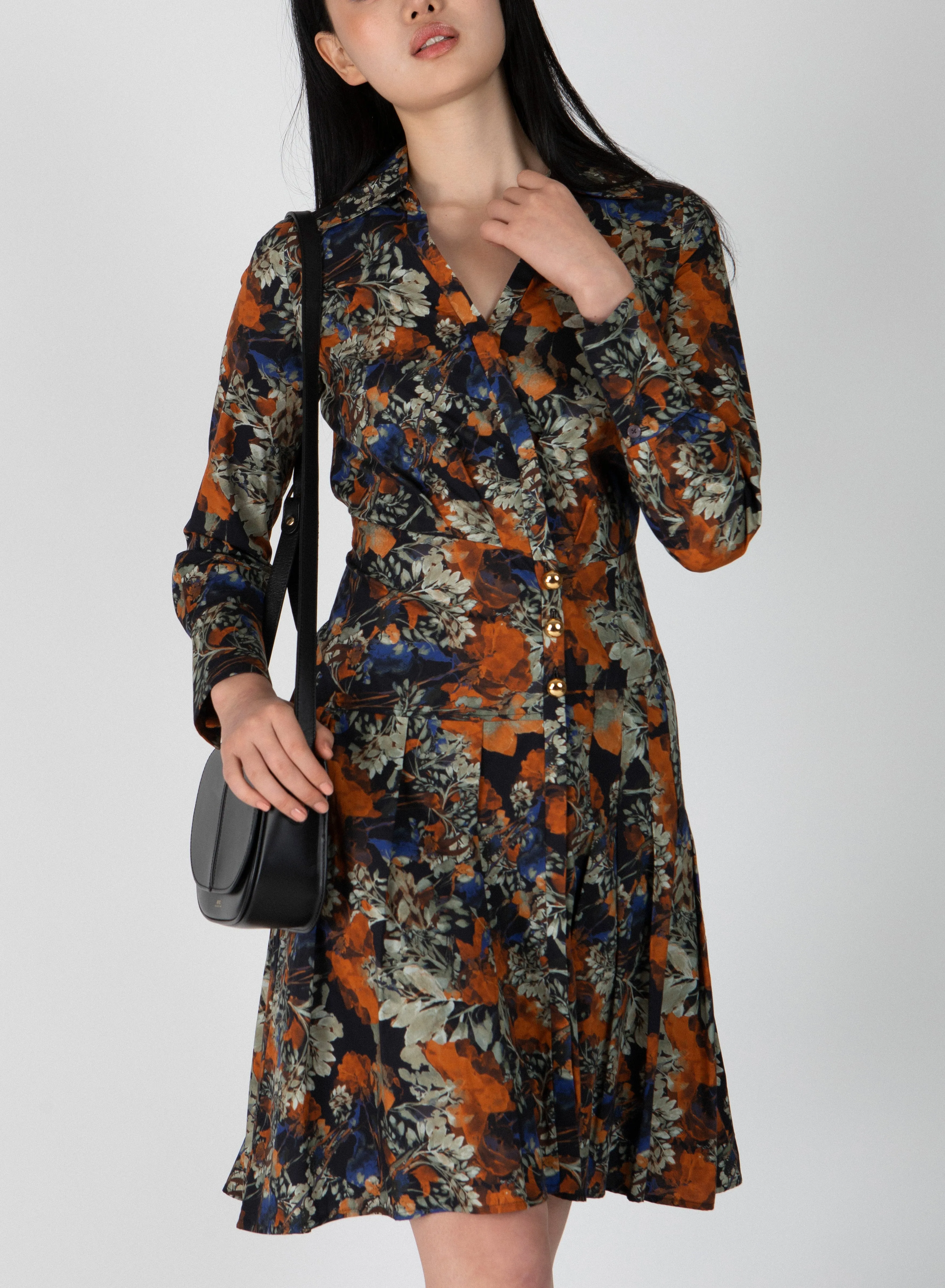 Laney Long Sleeve Pleated Shirt Dress - Copper Multi