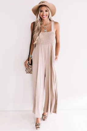 Light And Breezy Smocked Jumpsuit In Warm Taupe