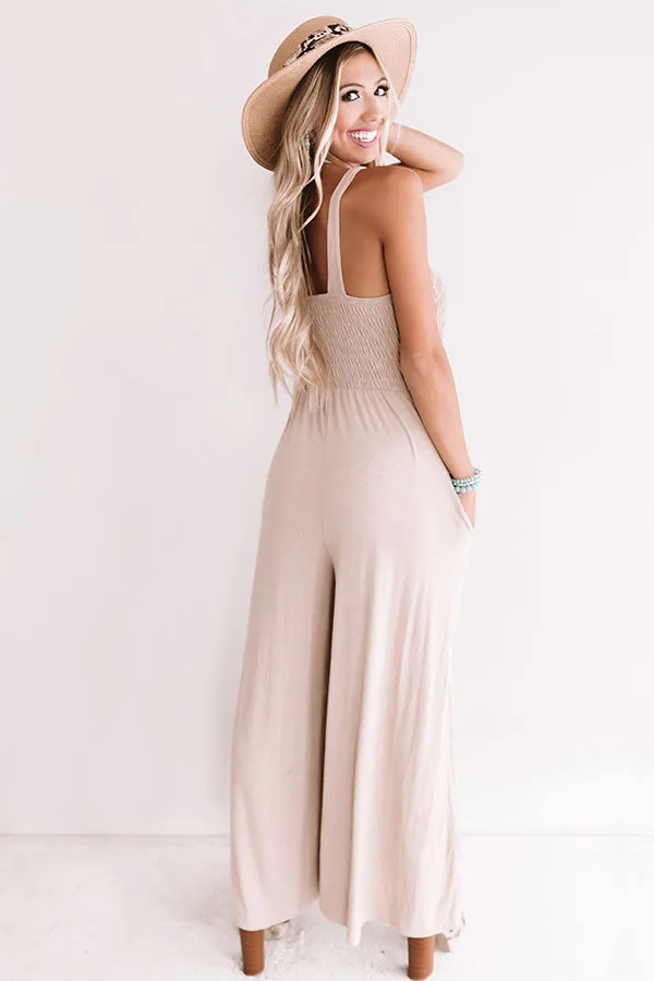 Light And Breezy Smocked Jumpsuit In Warm Taupe