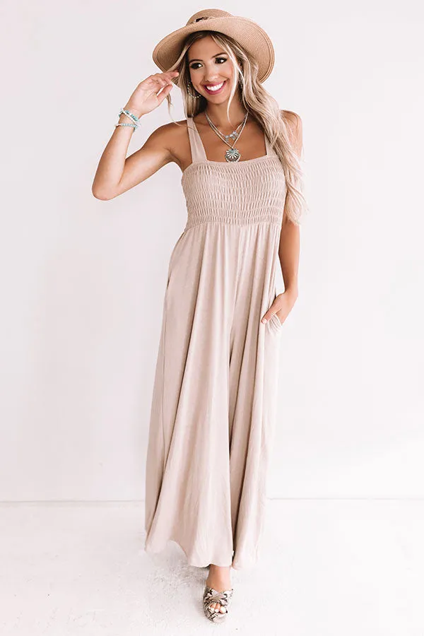 Light And Breezy Smocked Jumpsuit In Warm Taupe