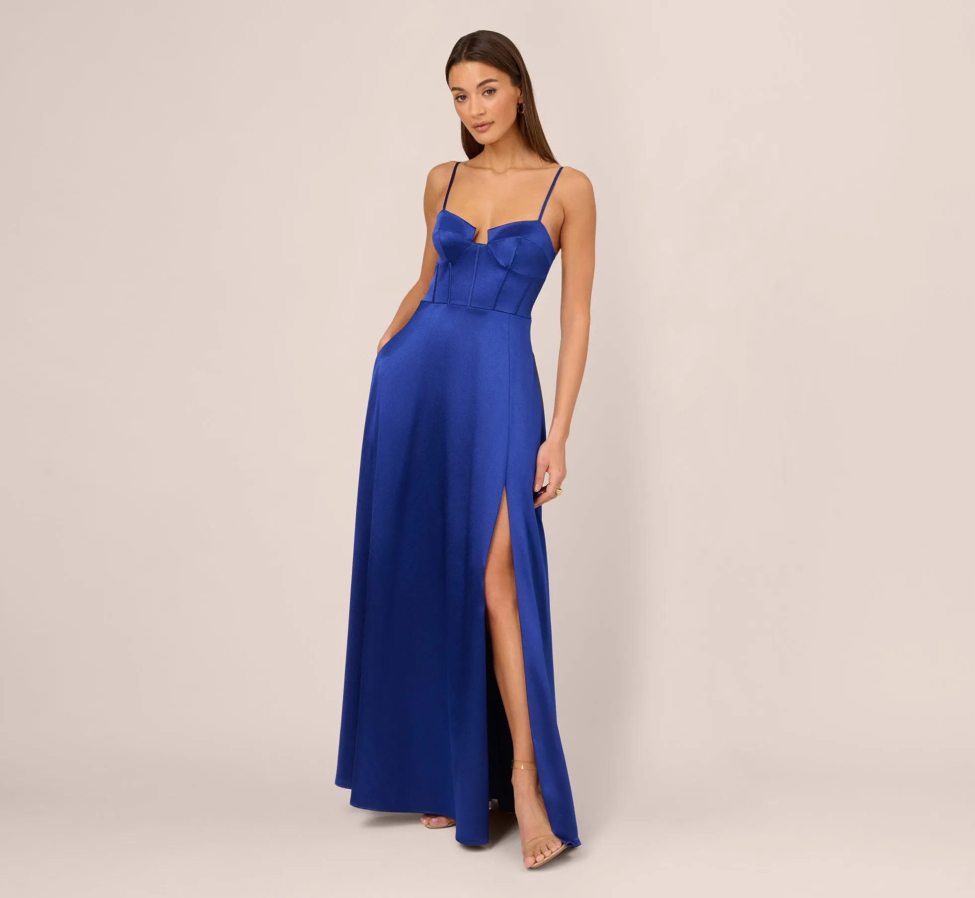 Liquid Satin Gown With Corset Bodice In Royal Sapphire