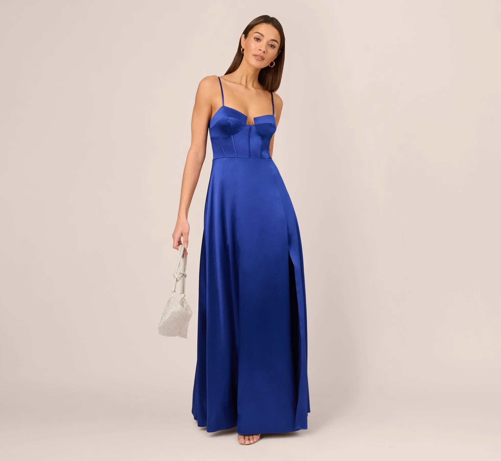 Liquid Satin Gown With Corset Bodice In Royal Sapphire