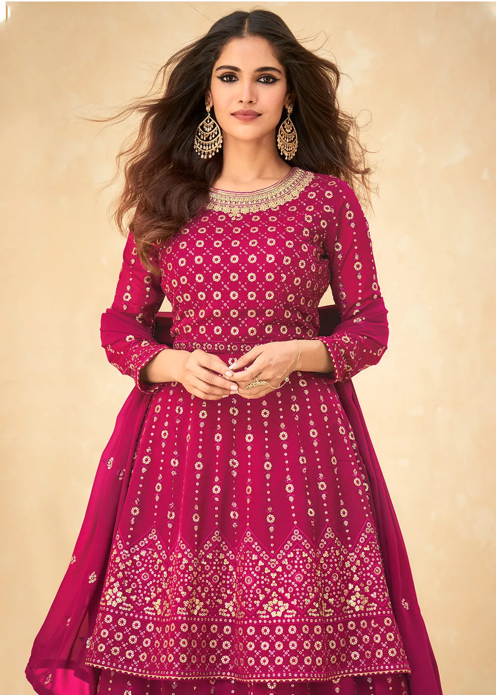 Long Kurti Style Pink Georgette Embroidered Lehenga Suit