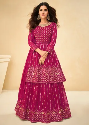 Long Kurti Style Pink Georgette Embroidered Lehenga Suit