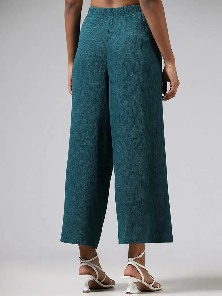 LOV Teal Wide-Leg Crepe Trousers