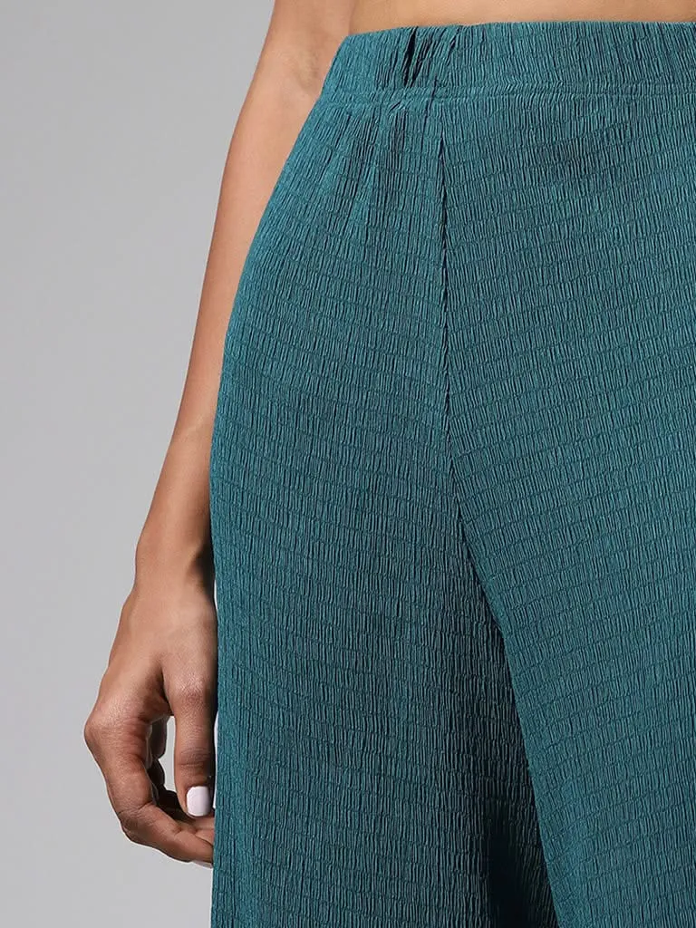 LOV Teal Wide-Leg Crepe Trousers