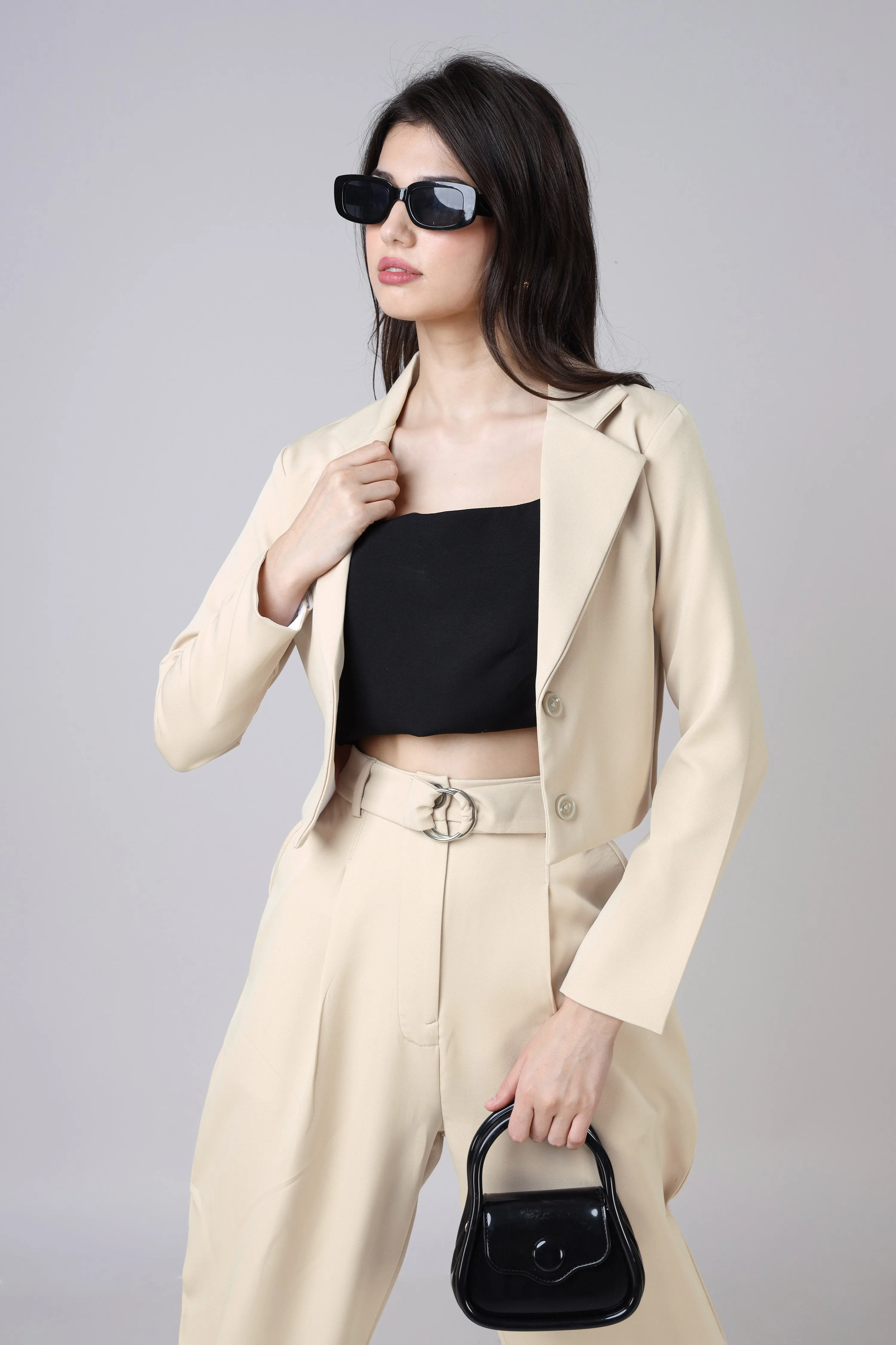 Lux Cropped Jacket With Top Tube And Trouser Set