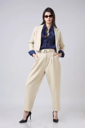 Lux Satin Shirt With Cropped Blazer And Trouser Suit Set