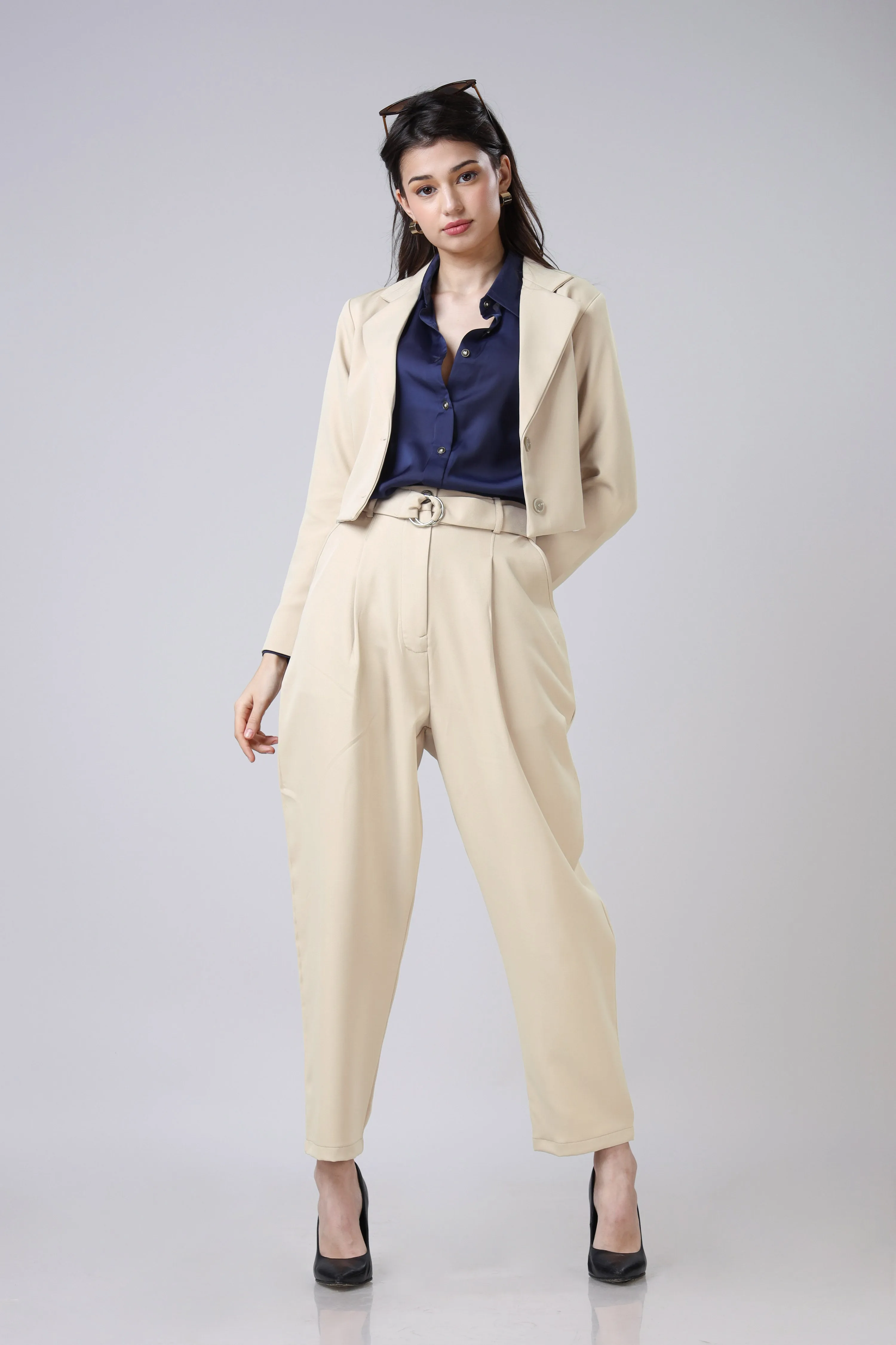 Lux Satin Shirt With Cropped Blazer And Trouser Suit Set