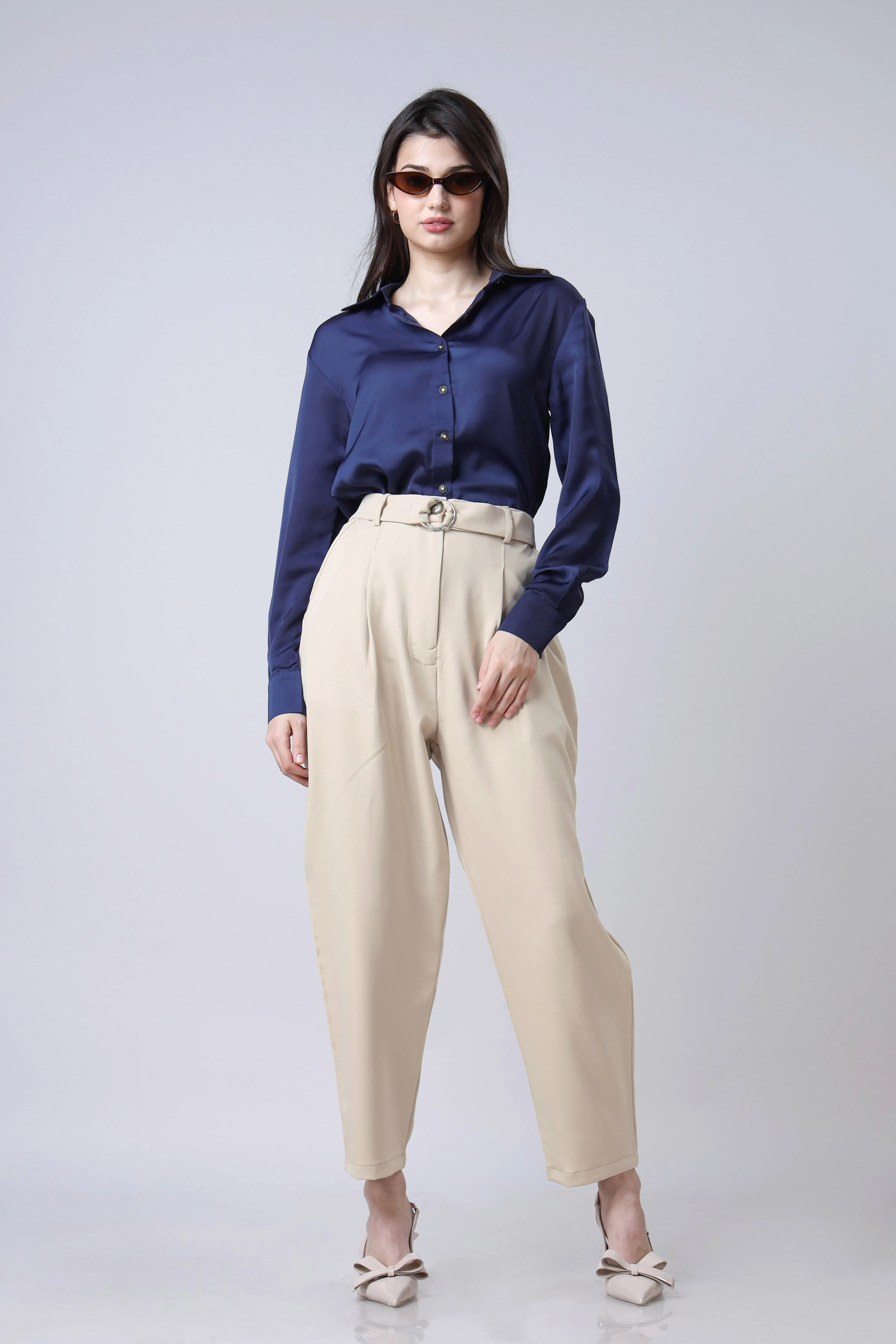 Lux Satin Shirt With Cropped Blazer And Trouser Suit Set