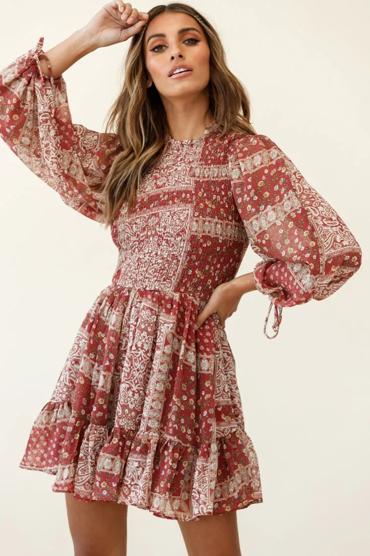 Marja Long Balloon Sleeve Shirred Dress Paisley Print Burgundy