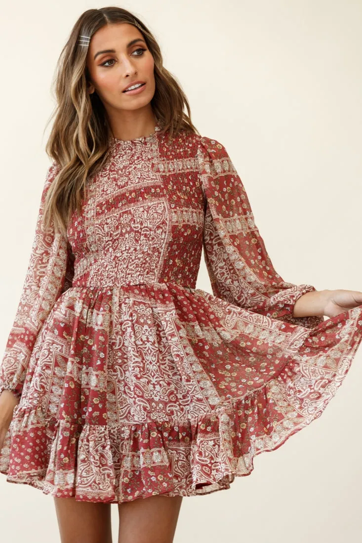 Marja Long Balloon Sleeve Shirred Dress Paisley Print Burgundy