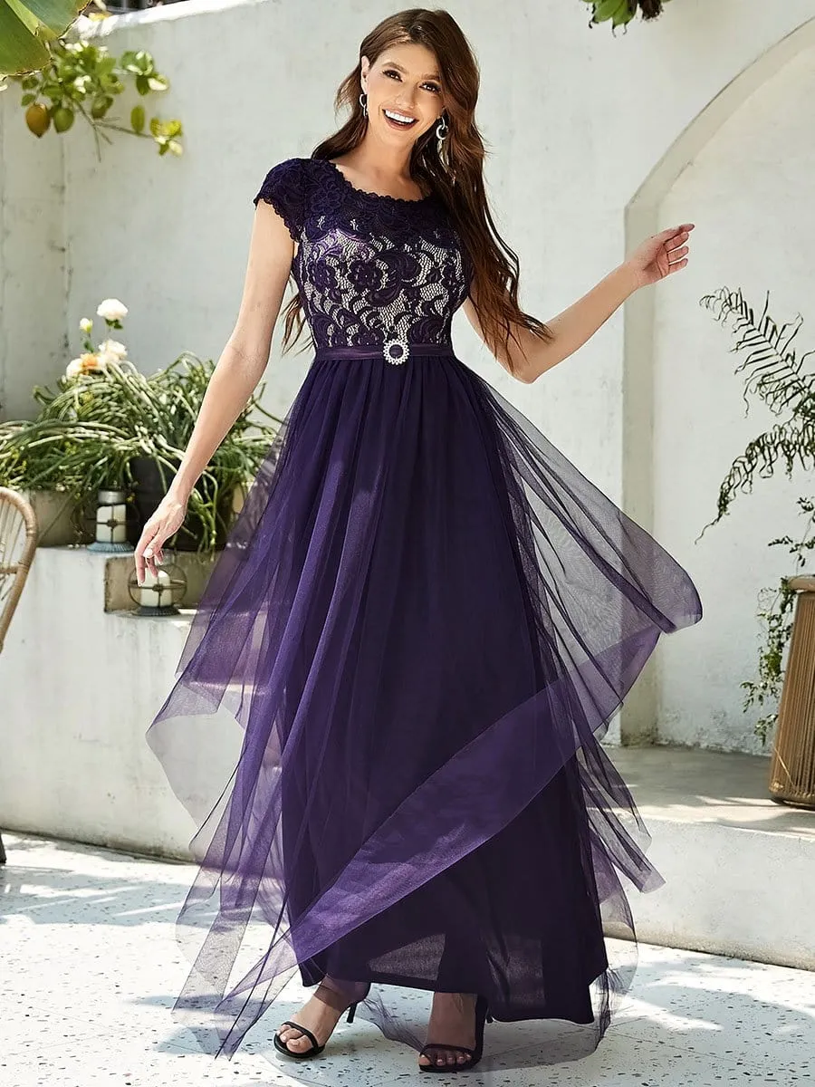 Mature Short Sleeve Lace Floor-Length Mother of the Bride Dress