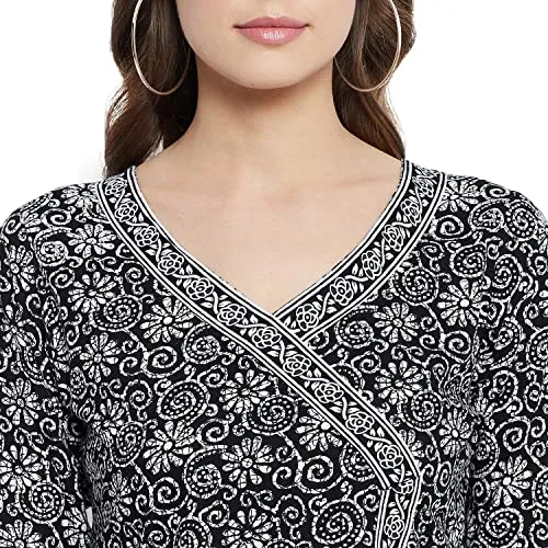 Meesan v Neck Black Pure Cotton Regular fit Printed Short Kurti