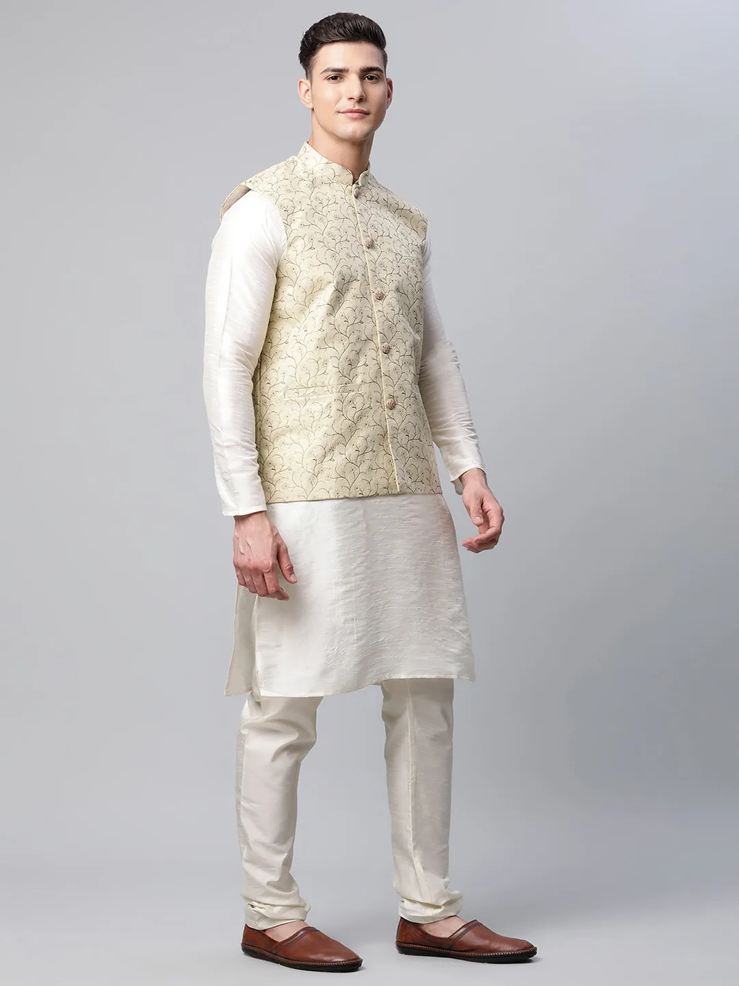 Men Dupion Silk Kurta Pyjama With Beige Printed Nehru Jacket