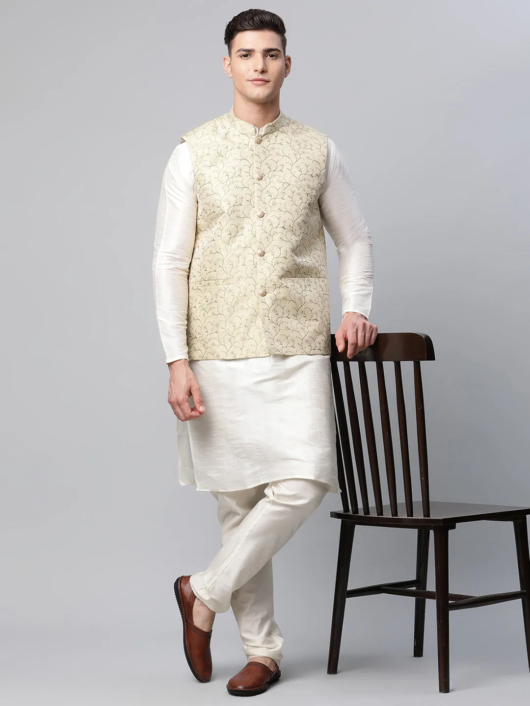 Men Dupion Silk Kurta Pyjama With Beige Printed Nehru Jacket